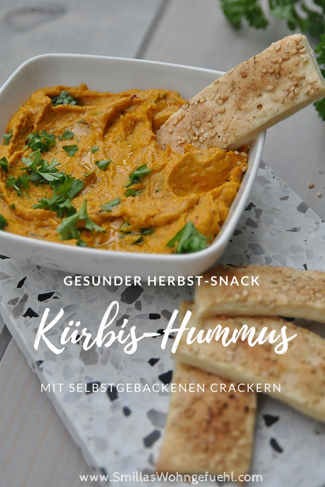 Smillas Wohngefuehl Kuerbis Hummus mit Sesam Crackern vegan